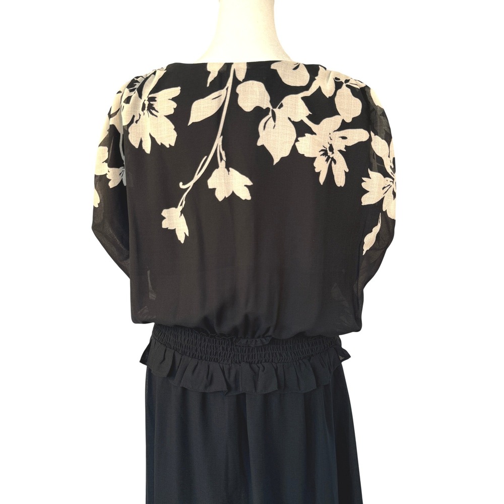 Taylor Womens Black Cream Floral V-Neck Smocked Waist Maxi Dress Cap Sleeve - Picture 7 of 9